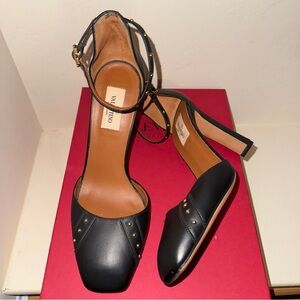 Valentino Black Leather Studded Ankle Strap Square Toe Women's Mary Jane Heels